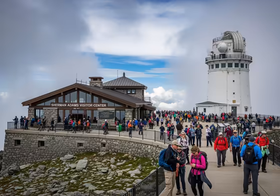 The buildings at the summit of Mount Washington, including the Sherman Adams Visitor Center and the Observatory tower, with crowds of visitors.
