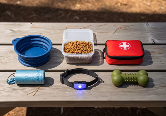 A flat lay of essential dog camping gear on a rustic wooden picnic table.