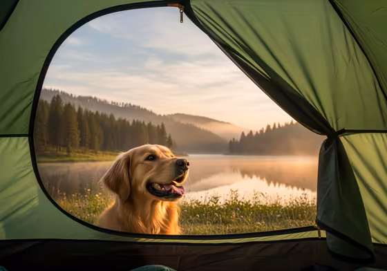A happy golden retriever peeking its head out of a tent overlooking a serene lake in the Finger Lakes at sunrise.