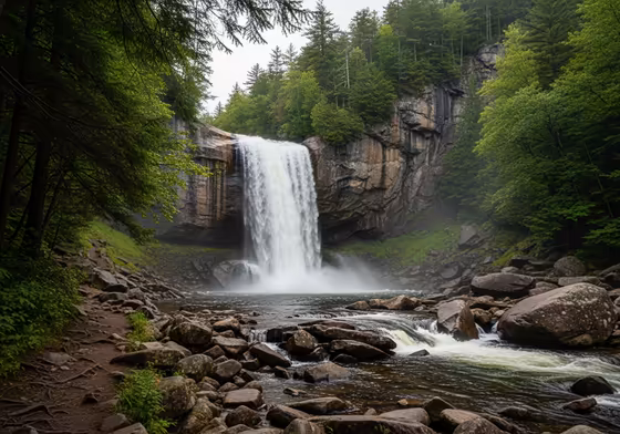 The impressive 160-foot Arethusa Falls cascading down a massive granite cliff face, surrounded by dense forest in Crawford Notch.
