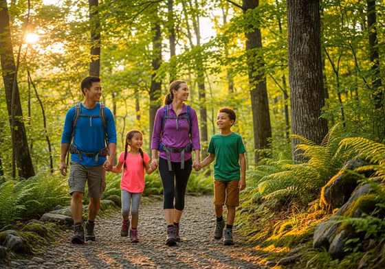 A smiling family with young children hiking on a forested trail in New Hampshire's White Mountains.
