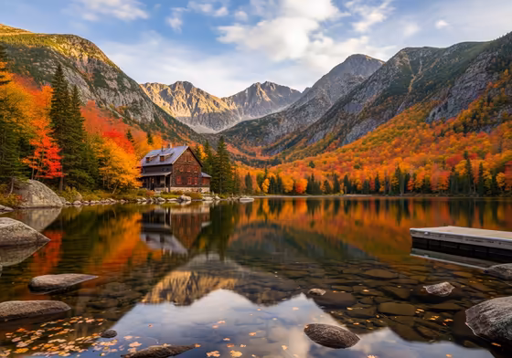 A tranquil view of Lonesome Lake with the iconic AMC hut on its shore and the towering peaks of Franconia Ridge in the background.