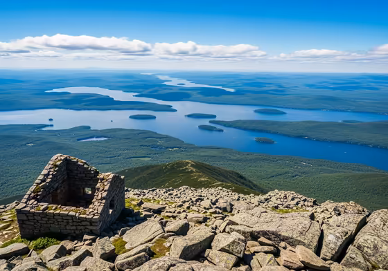 Panoramic view from the summit of Mount Major, overlooking the expansive Lake Winnipesaukee and its many islands on a clear sunny day.