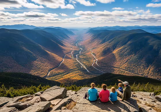 The breathtaking view from the summit of Mount Willard, looking down the U-shaped valley of Crawford Notch with Route 302 winding through it.