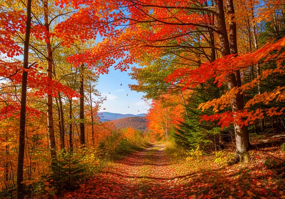 A hiker on a trail surrounded by the vibrant red, orange, and yellow colors of peak fall foliage in the White Mountains.