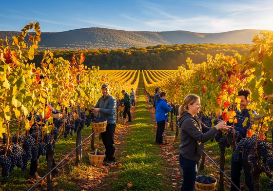 Rows of grapevines at a Finger Lakes winery during the fall harvest, with bunches of ripe grapes and colorful autumn leaves.