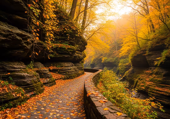 A quiet, leaf-strewn hiking trail in Watkins Glen State Park during the fall, with stone steps and no people in sight.