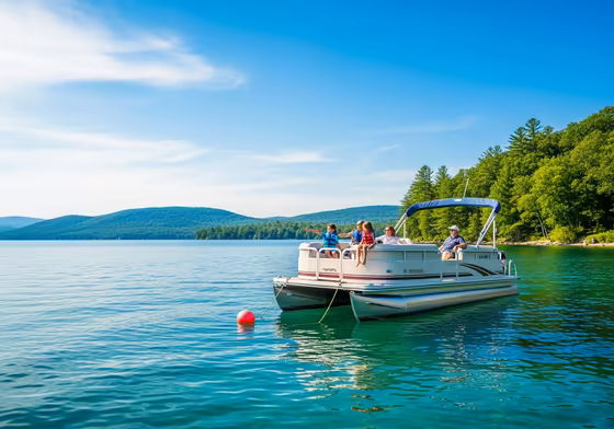 A pontoon boat floating on a calm, sunny Finger Lake with green hills in the background.