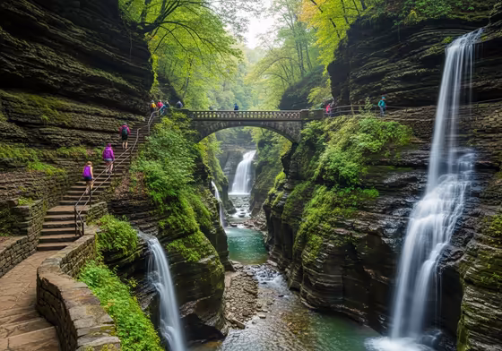The famous stone path of the Watkins Glen Gorge Trail, with waterfalls cascading down mossy rock walls.