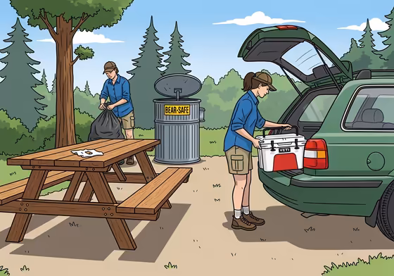 A clean and tidy campsite with all food items stored away and trash properly disposed of in a bear-proof container.