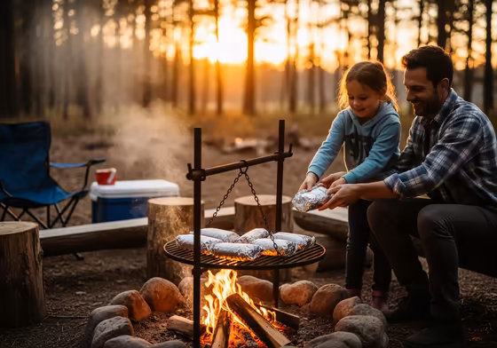 A family cooking a simple meal in foil packets over a crackling campfire at dusk.