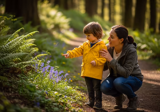 A child carefully placing a small piece of trash into a bag while hiking on a trail with a parent, demonstrating the Leave No Trace principle.