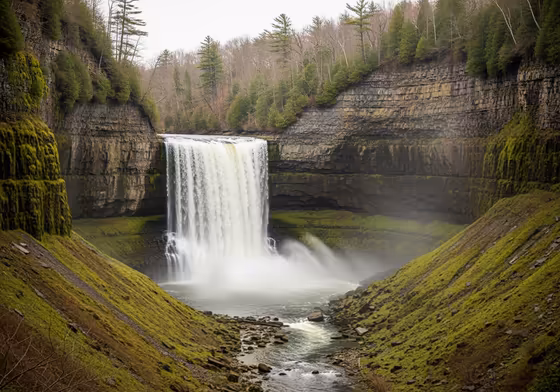 The massive 215-foot Taughannock Falls plunging into a deep gorge, viewed from the scenic overlook.