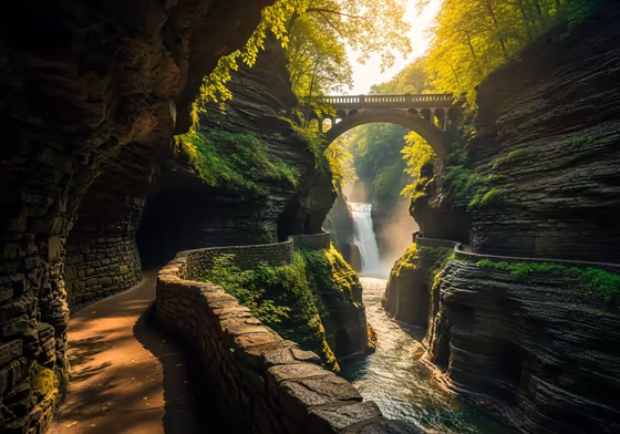 Hikers walking along a stone path through the dramatic gorge at Watkins Glen State Park, with a waterfall in the background.