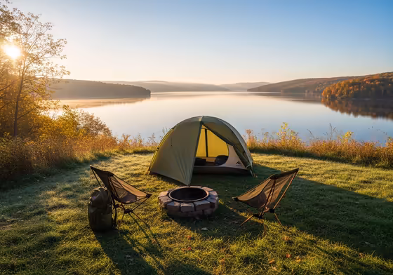 A serene tent campsite overlooking one of the Finger Lakes at sunrise.