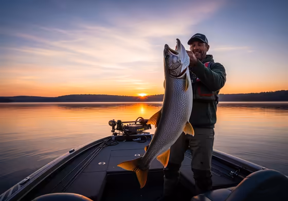 An angler in a fishing boat on Canandaigua Lake, holding up a large lake trout.