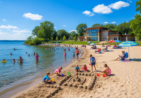 Families enjoying the sandy beach at Kershaw Park on Canandaigua Lake on a summer day.