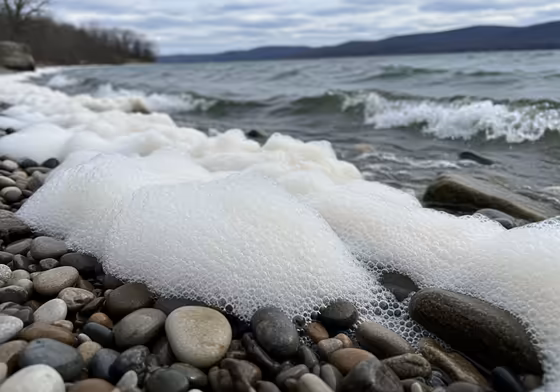 White, natural foam collected along the shoreline of Canandaigua Lake on a windy day.