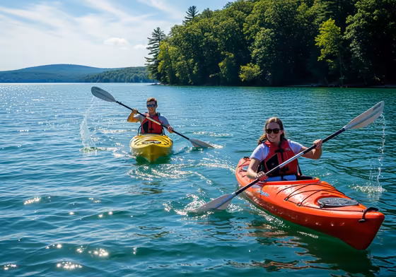 Two people kayaking on the calm, blue waters of Cayuga Lake on a sunny afternoon.
