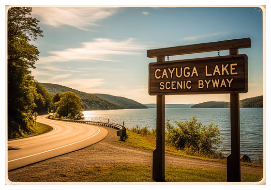A wooden sign for the Cayuga Lake Scenic Byway with the sparkling lake visible in the background.