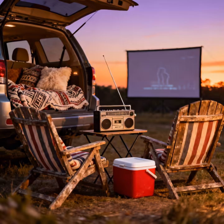 A family's car set up for a drive-in movie, with lawn chairs, a portable radio, and a cooler.