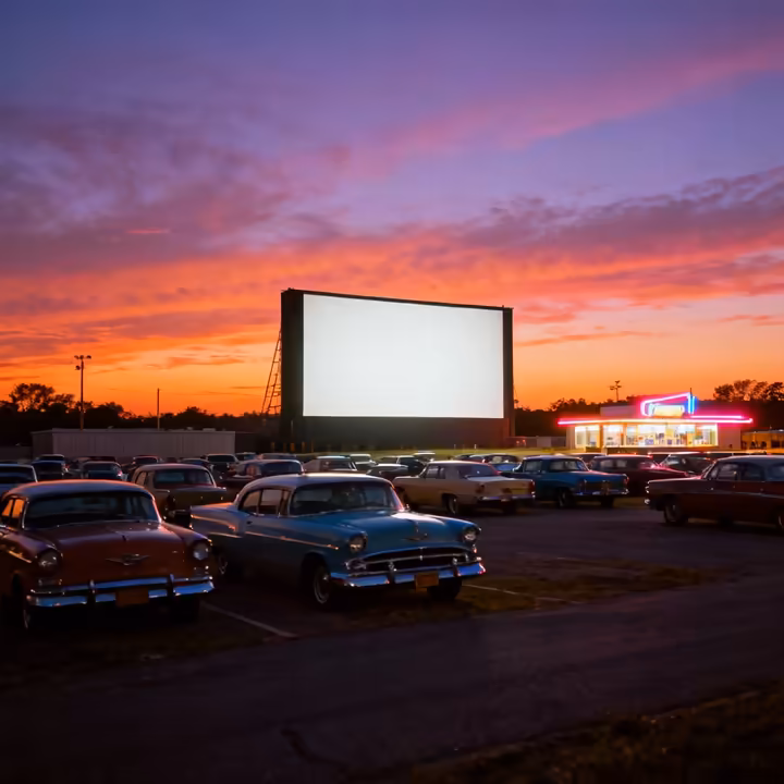 A classic drive-in movie screen at dusk, with cars parked in rows and a colorful sunset in the background.