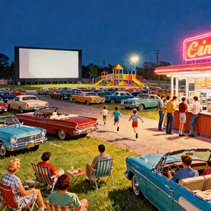 A bustling 1950s drive-in theater full of families, with a playground visible near the screen.