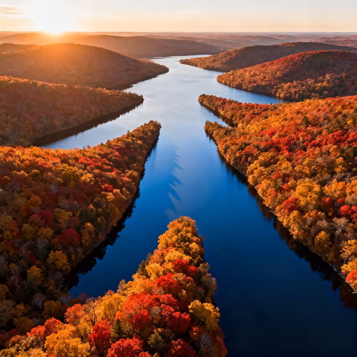 An aerial photograph showcasing the long, narrow, finger-like shapes of the Finger Lakes in New York during autumn.