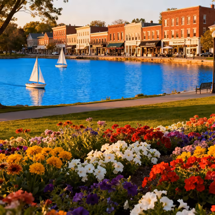 The charming and picturesque village of Skaneateles with its historic downtown buildings along the clear blue lake.