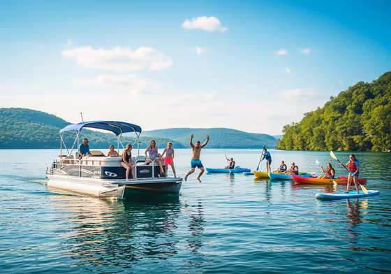 A family enjoying a sunny day on a pontoon boat on the calm, blue waters of Keuka Lake, with the green hills in the background.