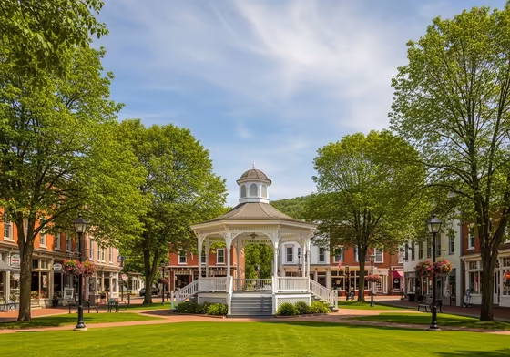 A charming view of Pulteney Square, the village green in Hammondsport, NY, with its gazebo, quaint shops, and historic buildings.