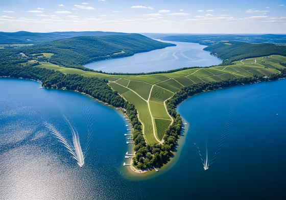 Aerial view of Keuka Lake, clearly showing its distinctive Y-shape with Bluff Point separating the two northern arms.