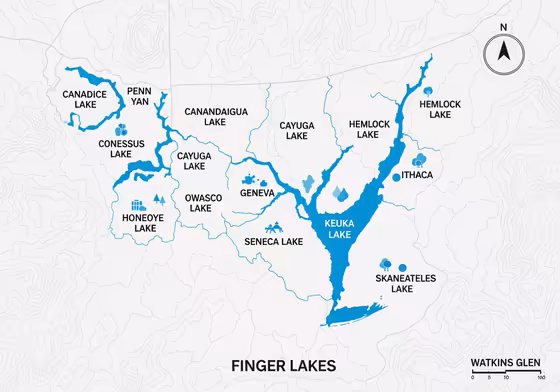 A map of the Finger Lakes region in New York, highlighting Keuka Lake and its Y-shape in relation to the other ten lakes.