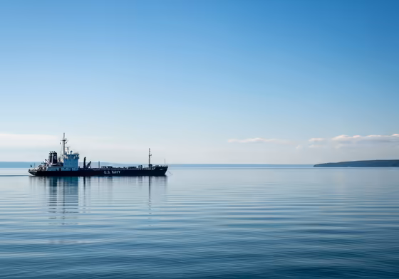 The large, stationary U.S. Navy sonar testing barge floating in the middle of Seneca Lake, used by the Naval Undersea Warfare Center.
