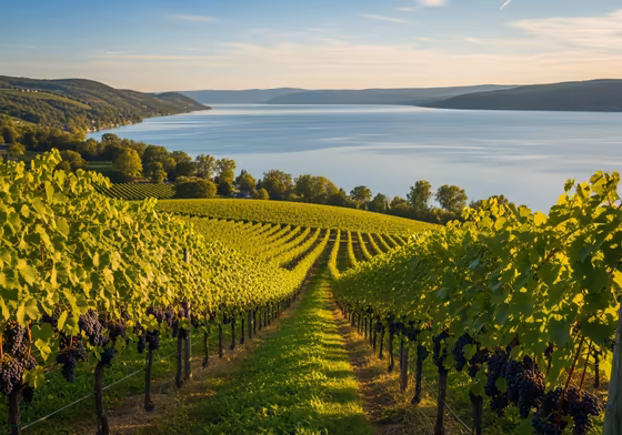 Lush rows of grapevines on a hillside overlooking the calm, blue waters of Seneca Lake, demonstrating the region's famous wine country.
