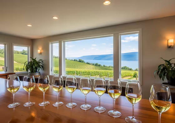 A beautiful winery tasting room with large windows overlooking Seneca Lake, with glasses of wine ready for a tasting.