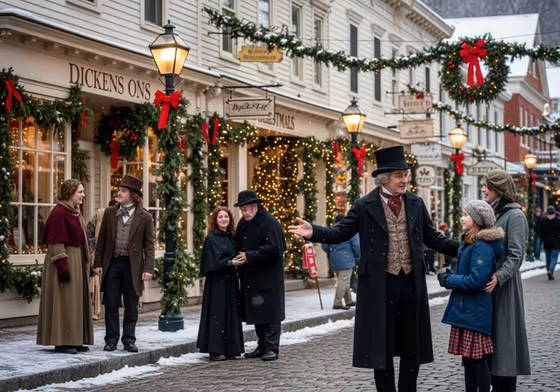 Characters in Victorian-era costumes, including Charles Dickens, interacting with visitors on a festive, snow-dusted street during the Dickens Christmas festival in Skaneateles.