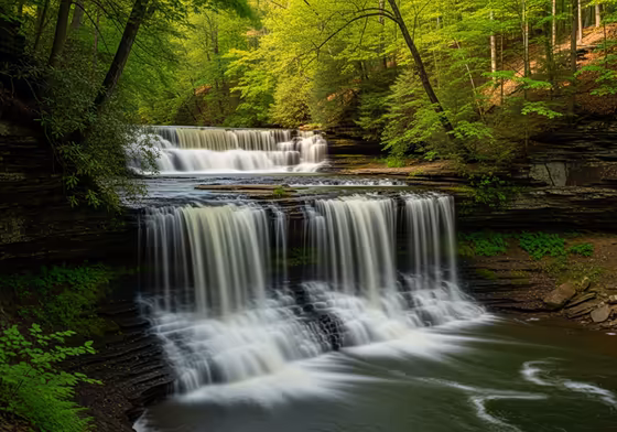 The beautiful Seneca Mills Falls on the Keuka Outlet Trail, with water cascading over rocky ledges surrounded by green foliage.