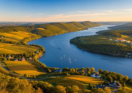 A scenic overlook of Keuka Lake in the Finger Lakes region, with rolling hills and vineyards under a clear blue sky.
