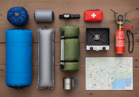 A flat lay of essential camping gear neatly arranged on a wooden surface, including a tent, sleeping bag, stove, headlamp, and first-aid kit.