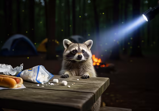 A curious raccoon peeking over a picnic table at a campsite at night, illuminated by a flashlight.