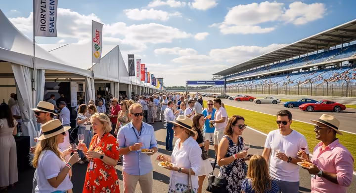 An overview of the F.L.X. Summer Fest, with large tents, crowds of people, and the Watkins Glen racetrack in the background.
