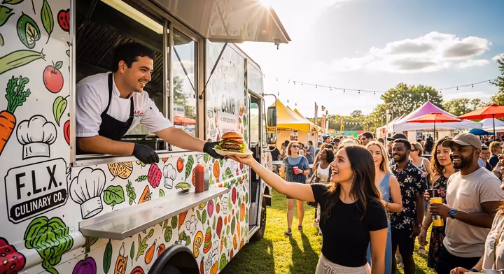 A gourmet food truck at the F.L.X. Summer Fest serving artisanal burgers to a line of festival-goers.