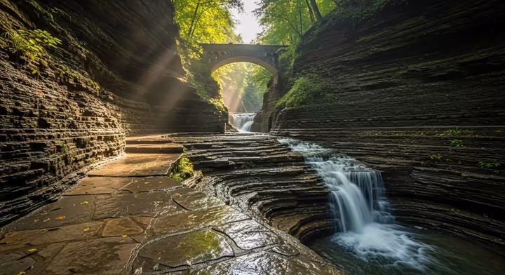 The scenic Gorge Trail at Watkins Glen State Park, with a stone bridge arching over a waterfall and lush greenery.