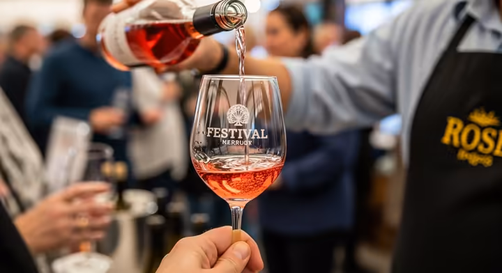 A close-up of a person holding a commemorative wine glass, sampling wine at a winery's booth during the festival.