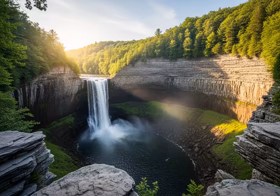 A majestic waterfall cascading down a stone gorge in Ithaca, NY, surrounded by lush green foliage.