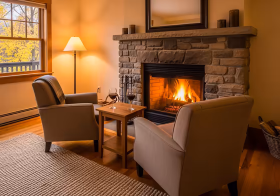 A cozy and romantic room in a historic inn, featuring a lit fireplace and two comfortable armchairs.