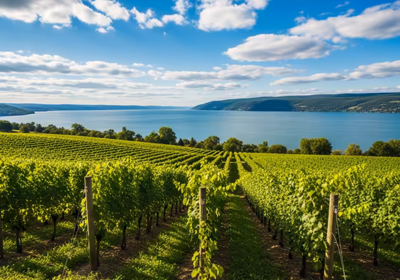 Rows of grapevines on a rolling hill overlooking the deep blue waters of Seneca Lake on a sunny day.